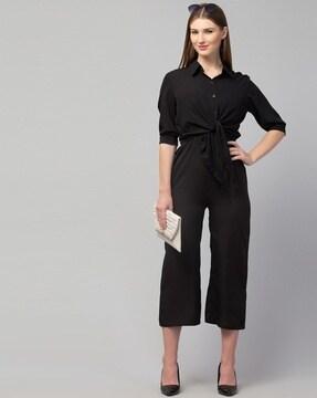 smocked detail jumpsuit with tie-knot shirt