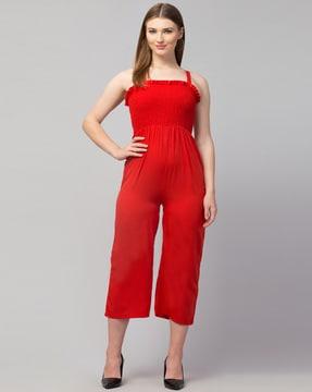 smocked detail jumpsuit with tie-knot shirt