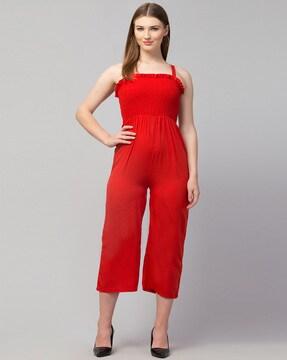 smocked detail jumpsuit with tie-knot shirt