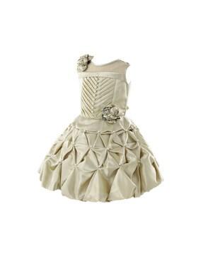 smocked fit & flare dress with floral applique