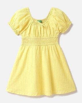 smocked fit & flare dress with tie-up neck