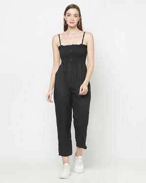 smocked jumpsuit with button accent