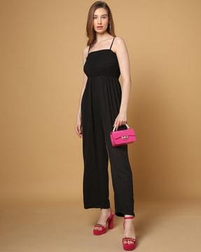 smocked jumpsuit with strappy sleeves