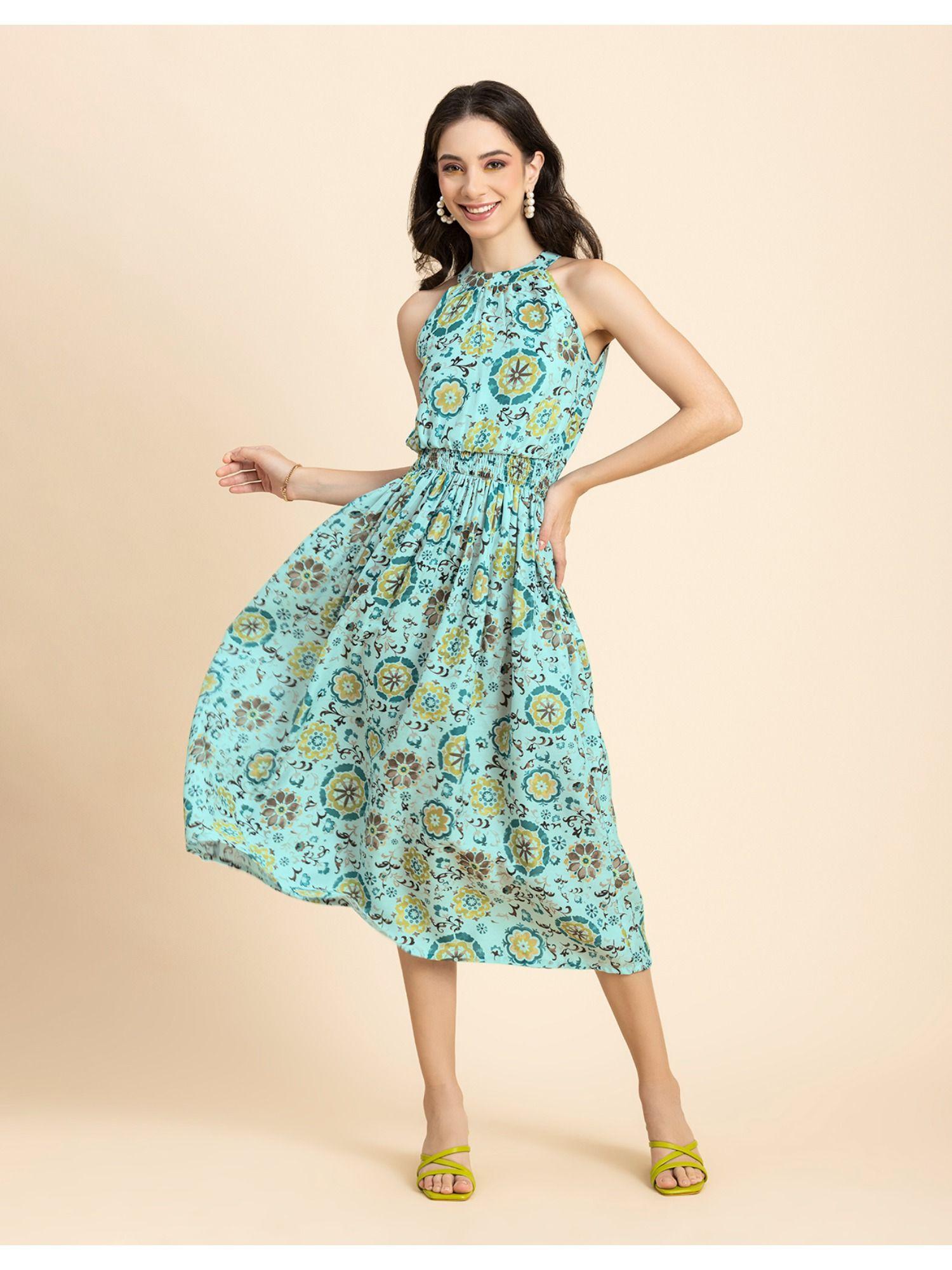 smocked midi printed halter neck dress