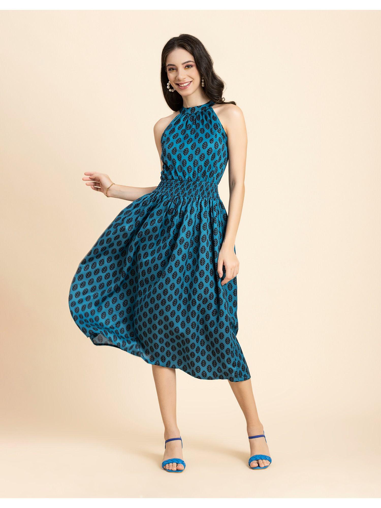 smocked midi printed halter neck dress