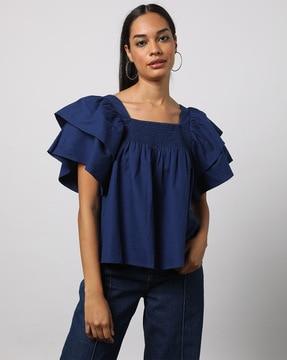 smocked neck top with layered sleeves