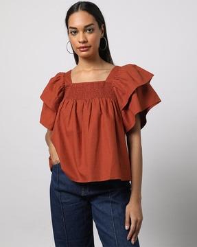 smocked neck top with layered sleeves