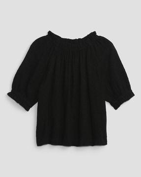smocked-neck top with puff sleeves