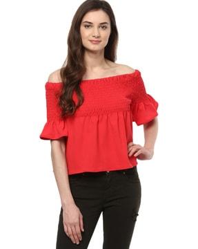 smocked off-shoulder top with bell sleeves