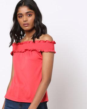 smocked off-shoulder top with ruffles