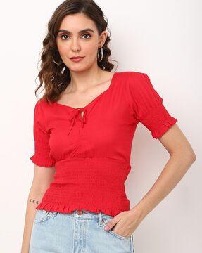 smocked panelled top with tie-up