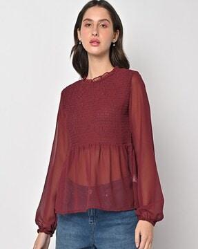 smocked round-neck top