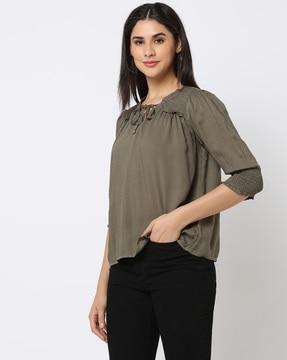 smocked-shoulder neck tie-up top