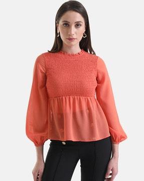 smocked slim fit crew-neck top