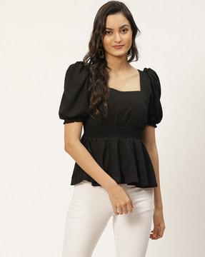 smocked slim fit top with puff sleeves