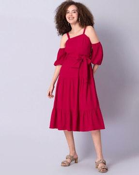 smocked square-neck fit and flare dress