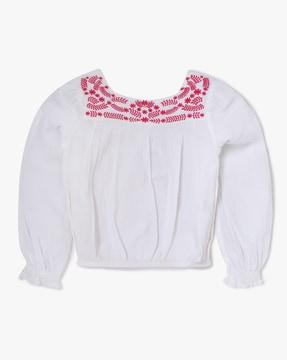 smocked square-neck top with embroidered yoke