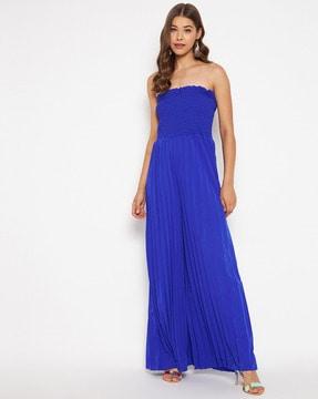 smocked strapless jumpsuit