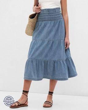 smocked tiered midi skirt