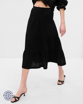 smocked tiered midi skirt