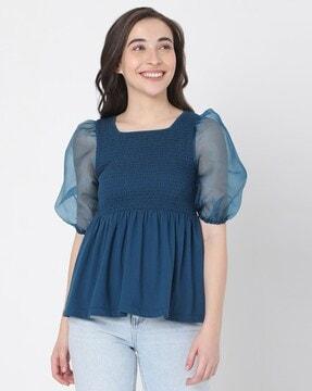 smocked top with contrast sleeves