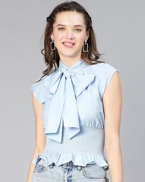 smocked top with neck tie-up