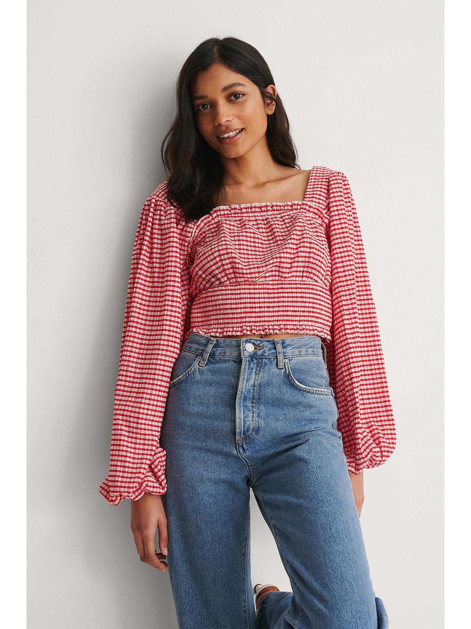 smocked waist check blouse-red check