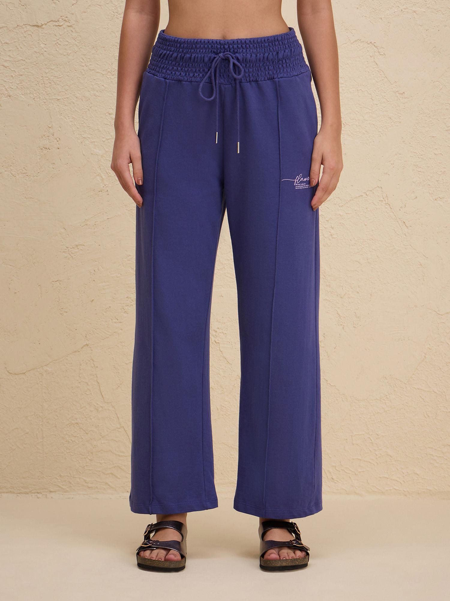 smocked waist cotton french terry straight lounge pants nyle604 blue