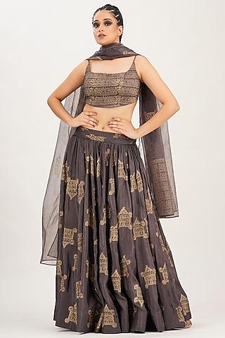 smoke grey hand block printed lehenga set