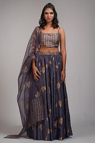 smoked purple silk printed lehenga set