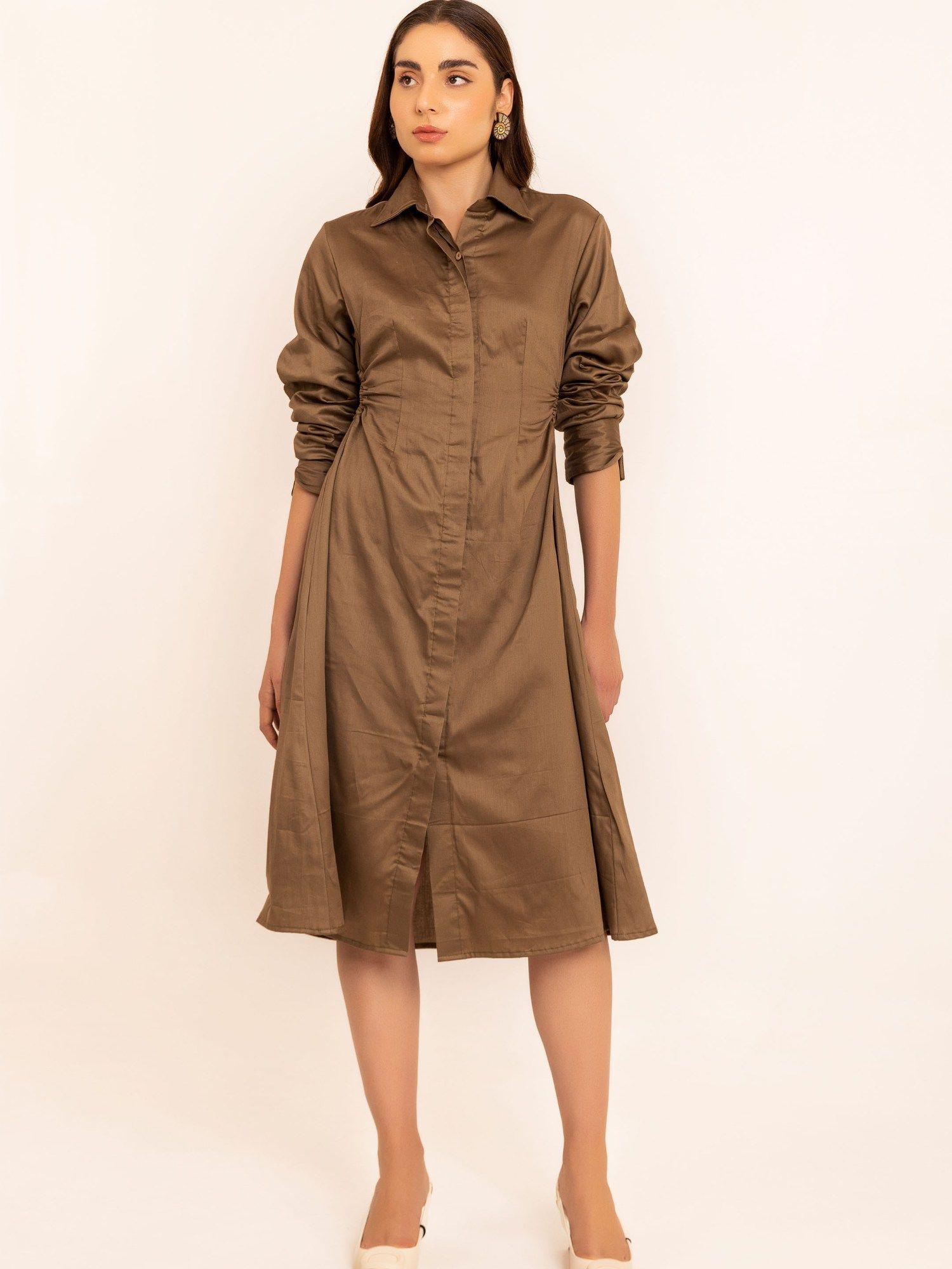 smoky brown shirt midi side waist cuts dress