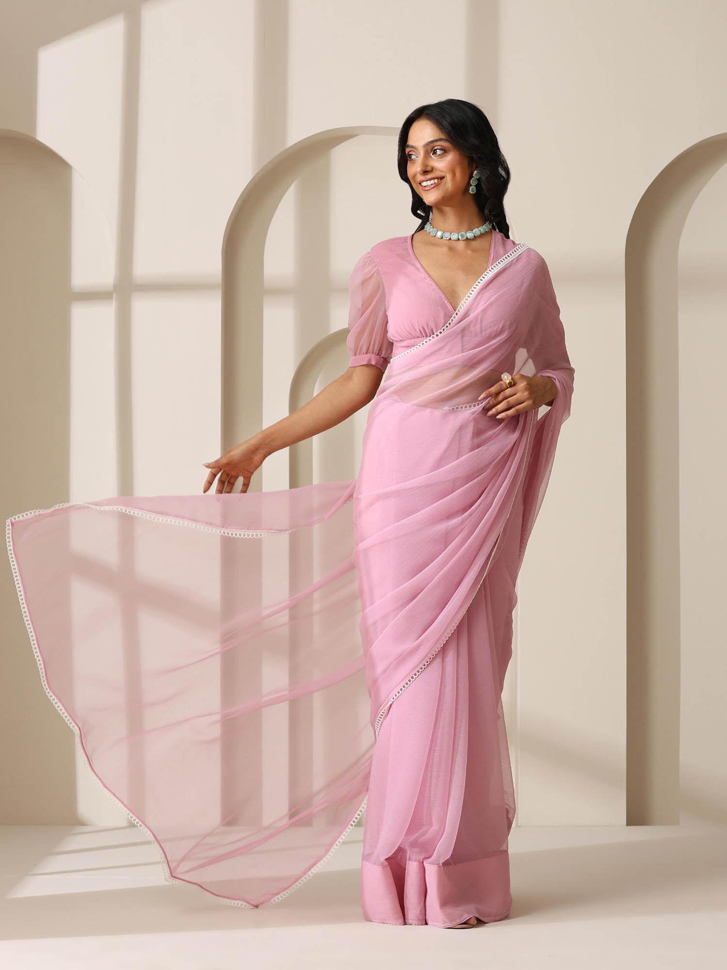 smoky pink chiffon saree with lace work and unstitched blouse