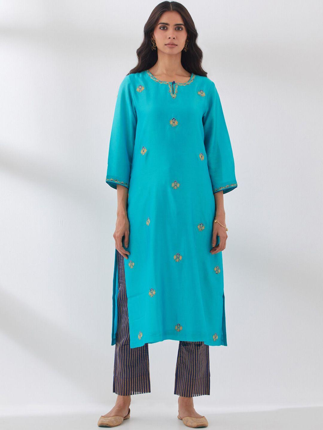 smriti gupta ethnic motifs embroidered keyhole neck straight chanderi silk kurta