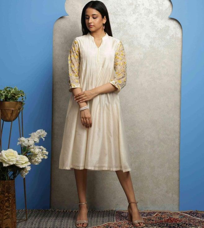 smriti gupta off white shwet box pleat dress with embroidered sleeves