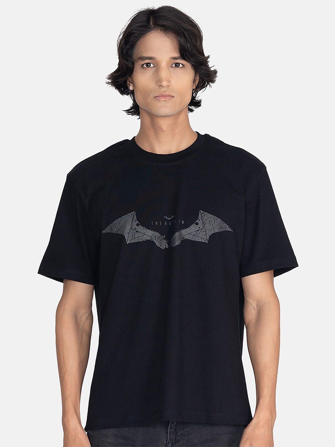smugglerz inc men black typography batman printed bio finish applique loose t-shirt with mask