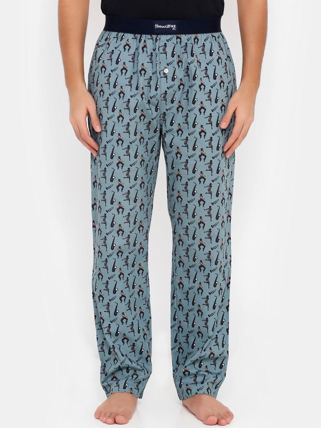 smugglerz inc. men grey & blue printed pure cotton lounge pants