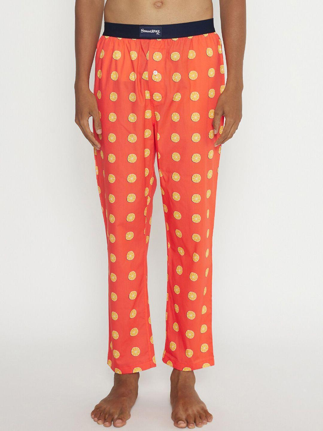 smugglerz inc. men orange & yellow printed cotton lounge pant