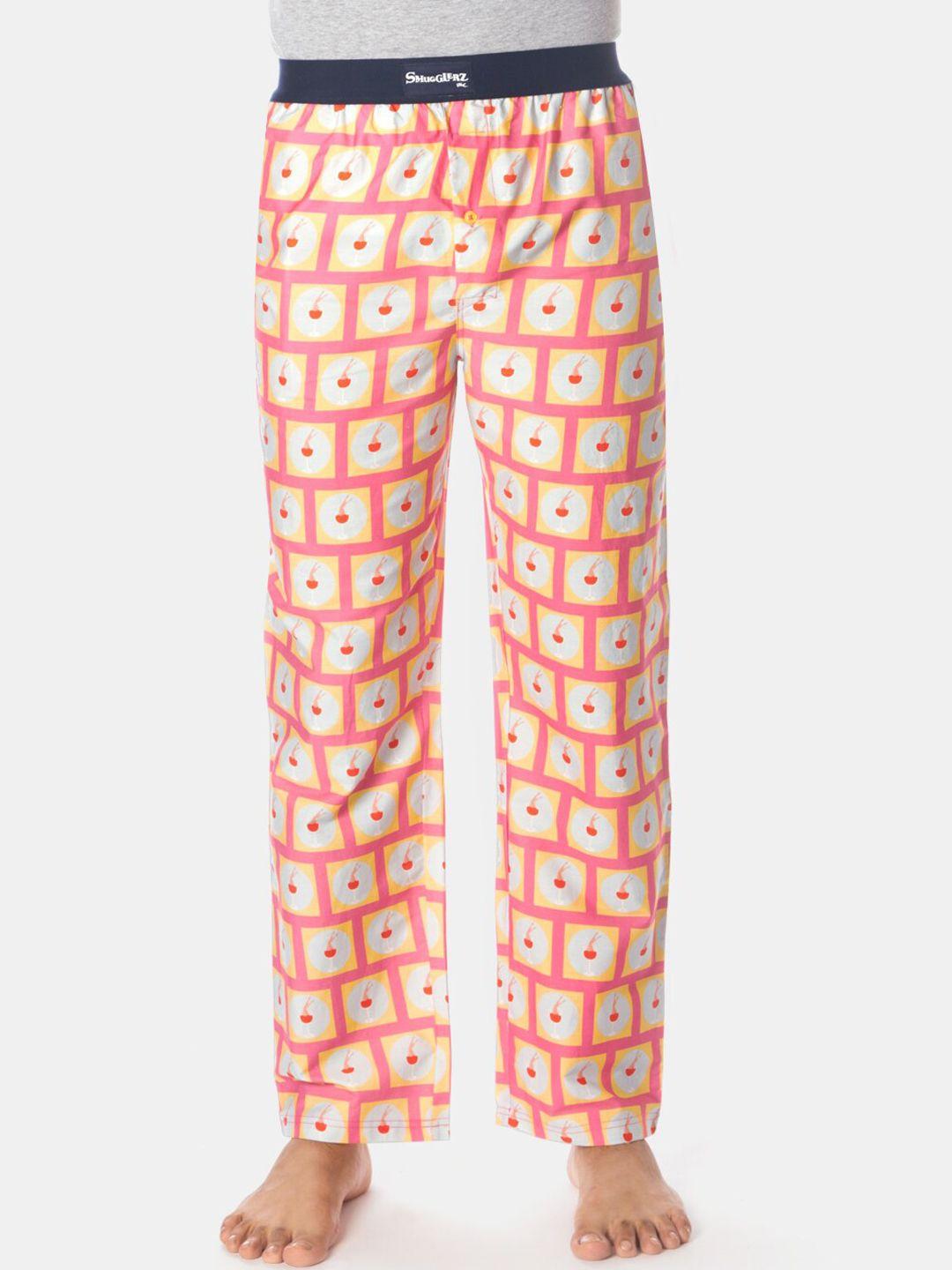 smugglerz inc. men pink & yellow printed pure cotton lounge pants