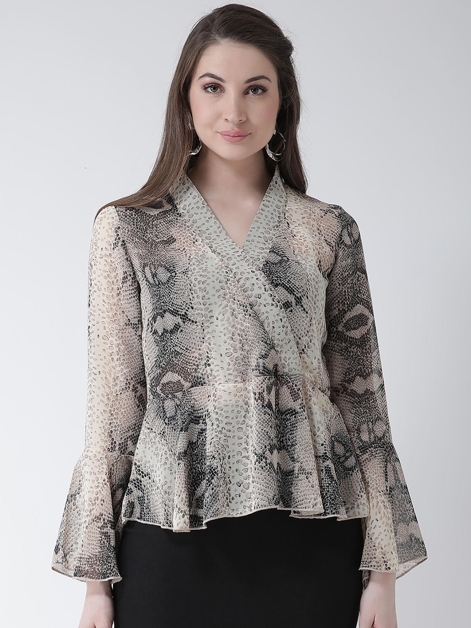 snake print wrap on frilly sleeves peplum top