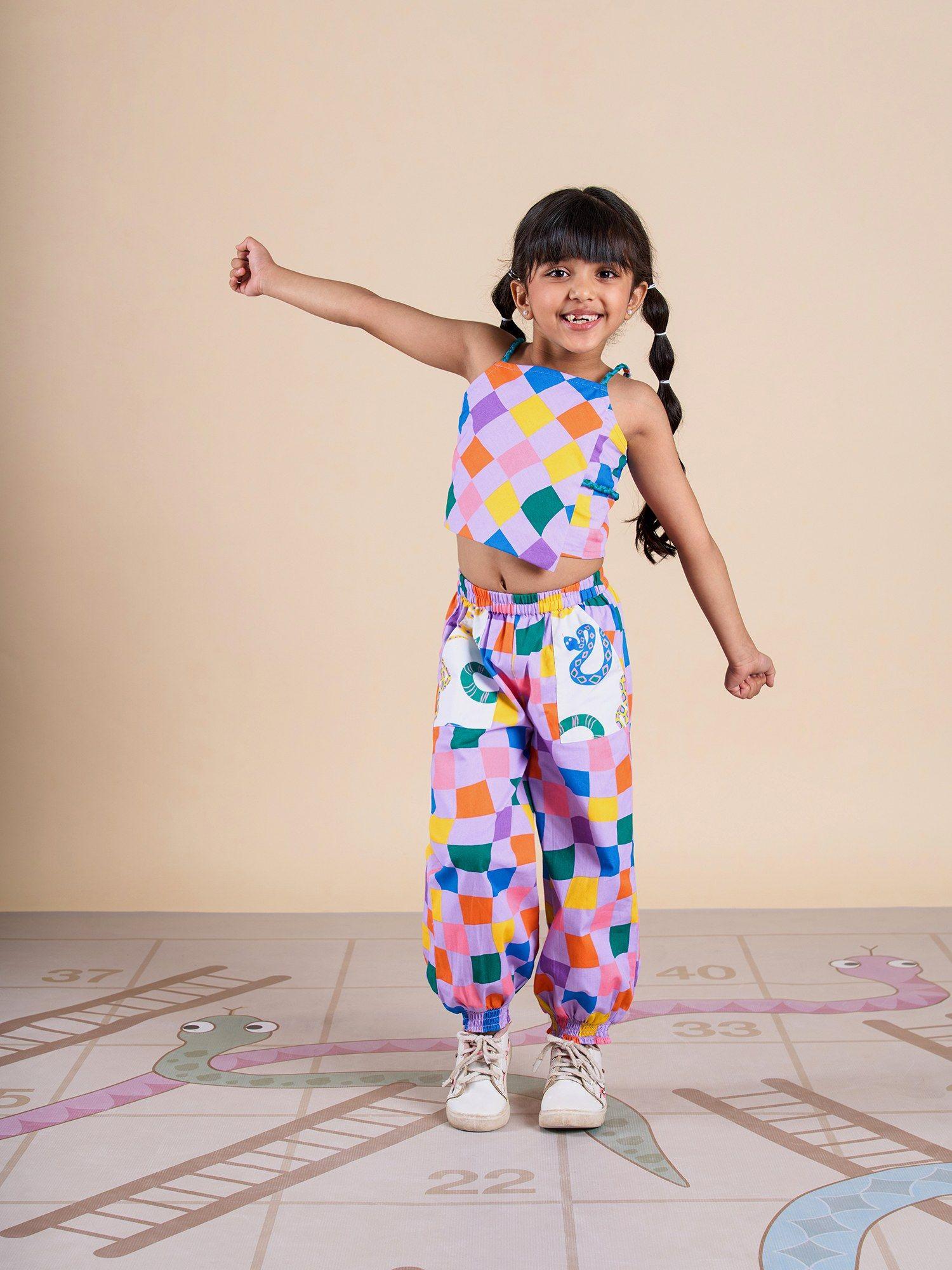 snakes and ladders girls multi color rotary print top and pant (set of 2)