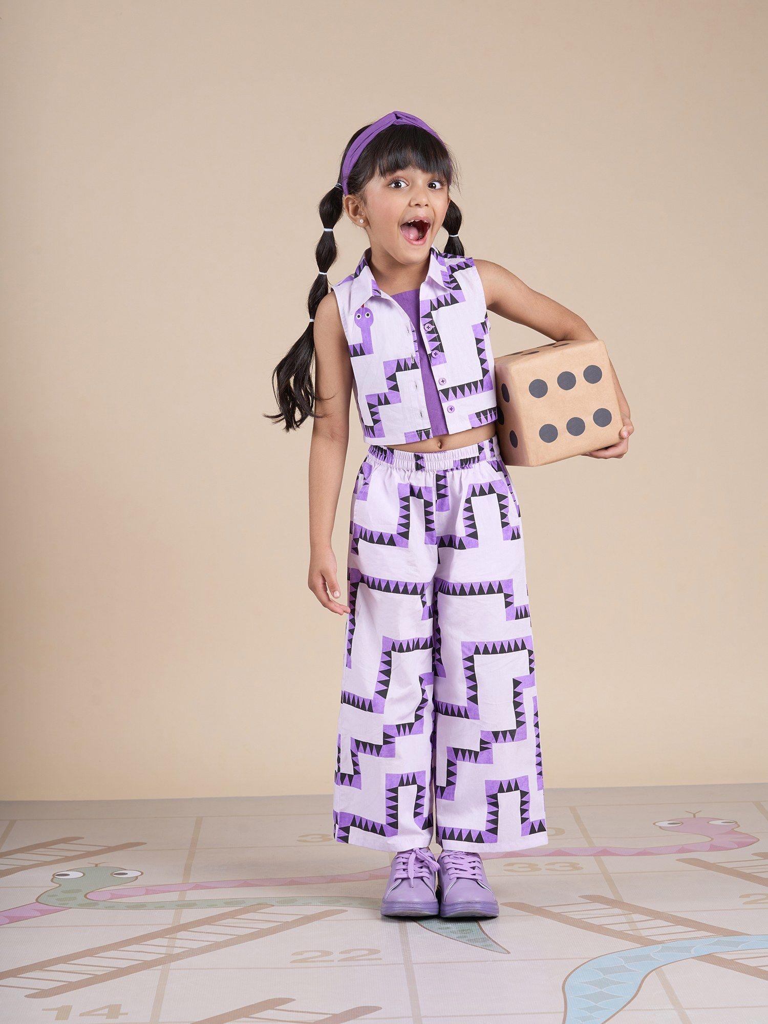 snakes and ladders girls purple table print top and pant (set of 2)