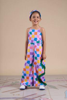 snakes and ladders printed cotton square neck girls casual wear jumpsuit - multi