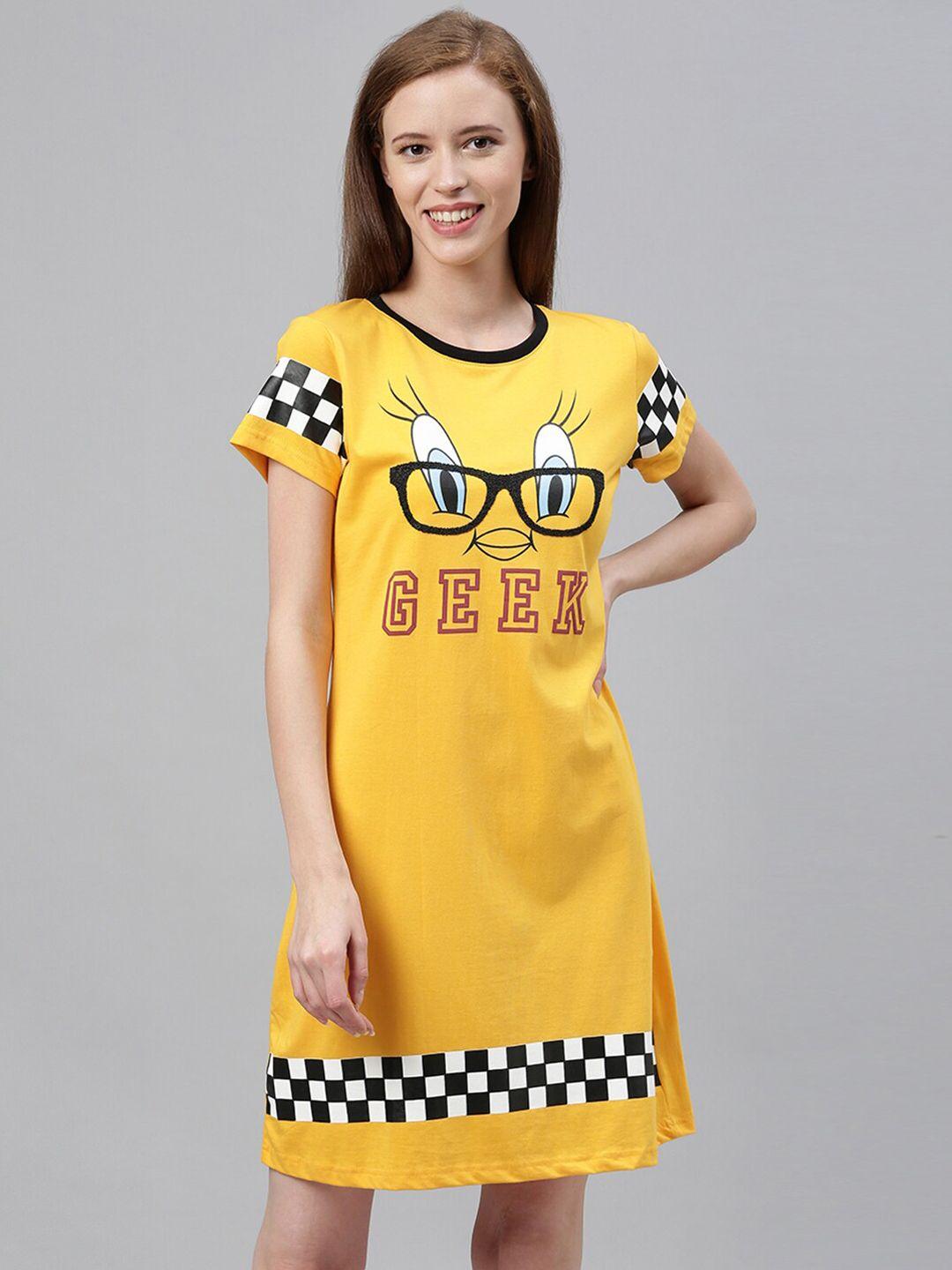 snarky gal yellow & white tweety printed cotton sleep shirt