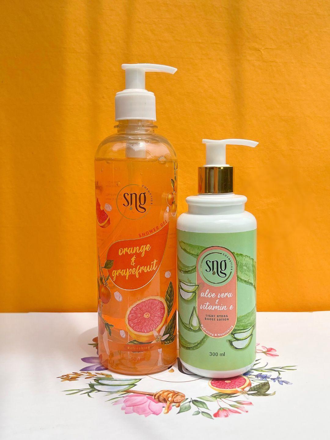 sng cosmetics orange-grapefruit shower gel 500ml with aloevera-vitamin e body lotion 300ml