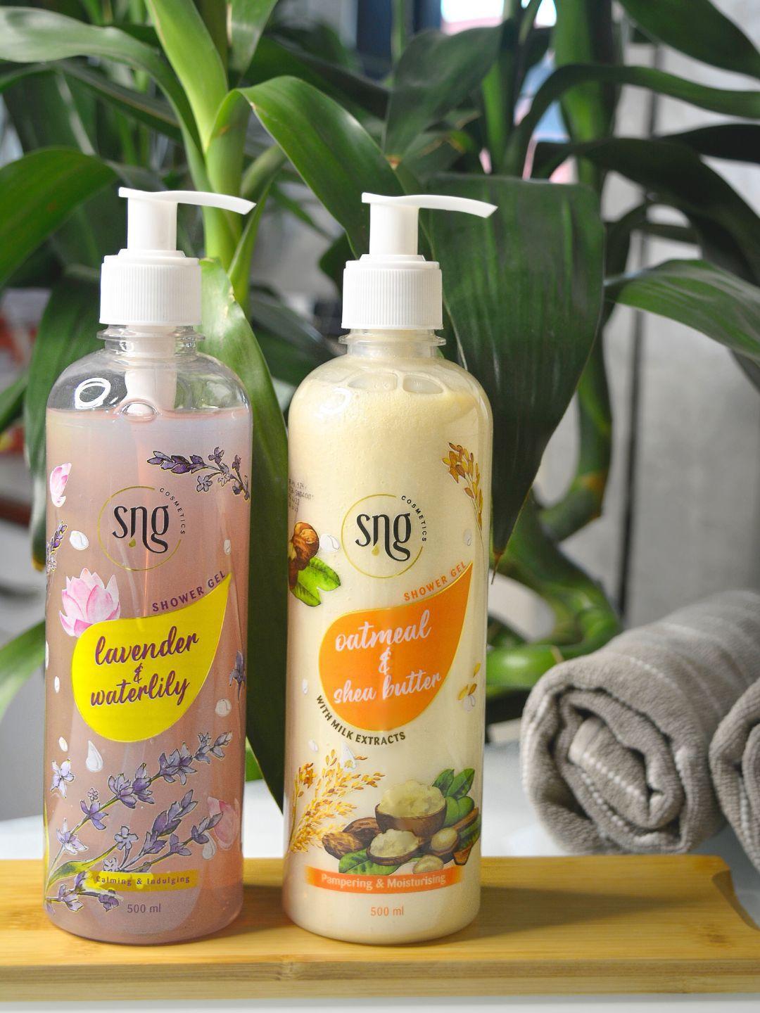 sng cosmetics set of 2 lavender & waterlily & oatmeal & shea butter shower gels-500ml each