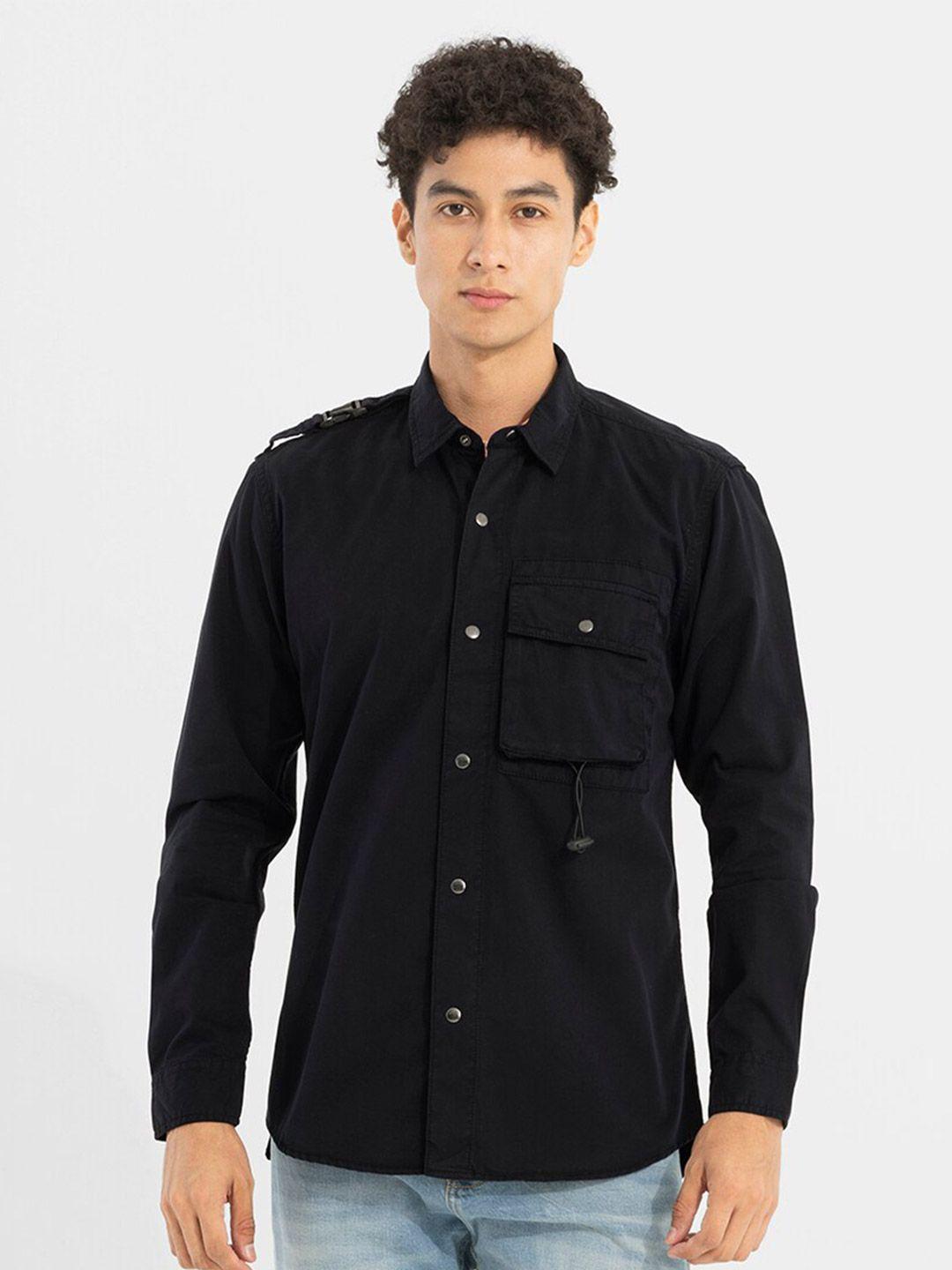 snitch black classic regular fit spread collar opaque cotton casual shirt