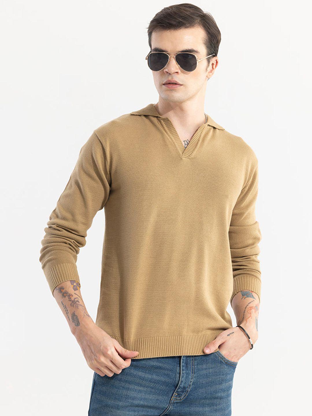 snitch brown v-neck cotton slim fit t-shirt