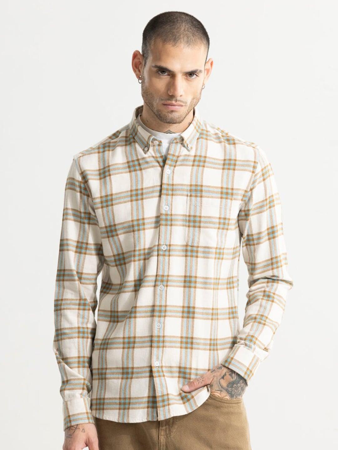 snitch classic slim fit tartan checks button-down collar long sleeves cotton casual shirt