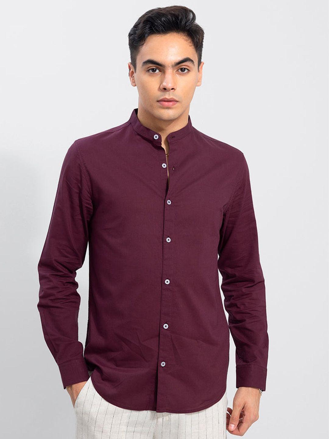 snitch maroon classic band collar slim fit cotton casual shirt
