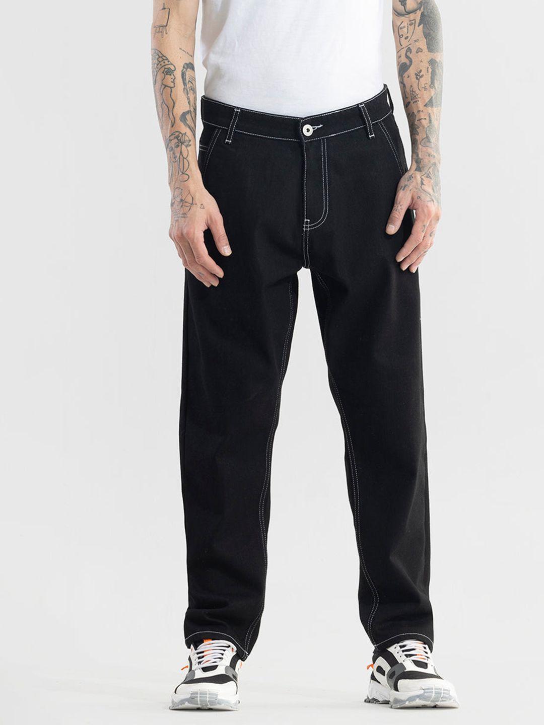 snitch men black relaxed fit mid-rise clean look jeans